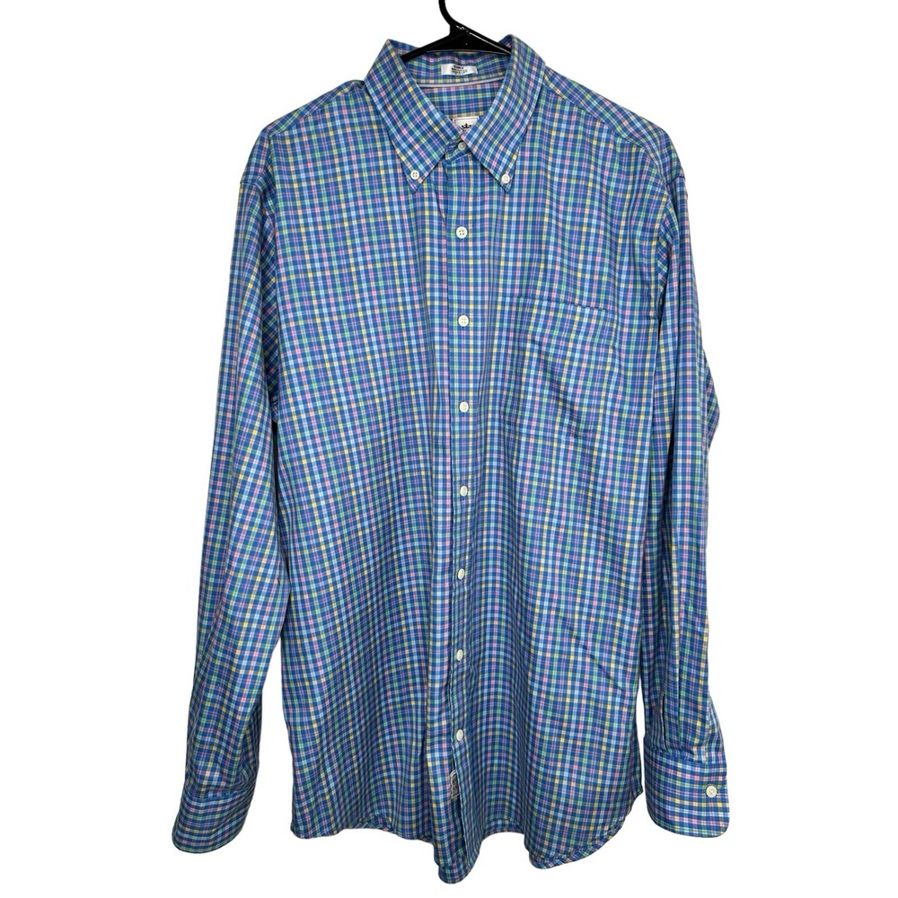 Peter Millar Shirt Large Blue Plaid Nanoluxe Easy Care Button Down Mens LARGE